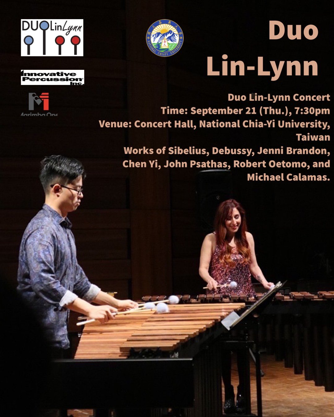 Duo Lin-Lynn gives World Premiere of Jenni’s new work “Clay Pipes and Spiral Shells” for Marimba Duo and Narrator in Taiwan
