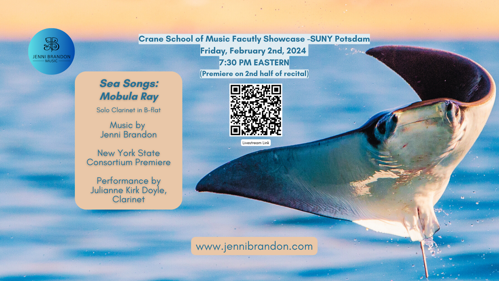 Premiere of “Sea Songs: Mobula Ray” for Solo B-flat Clarinet at SUNY-Potsdam February 2, 2024
